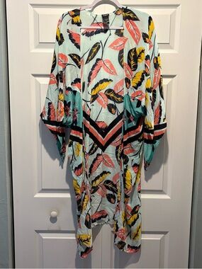 Express tropical leaf print kimono duster cardigan coverup summer bright OS